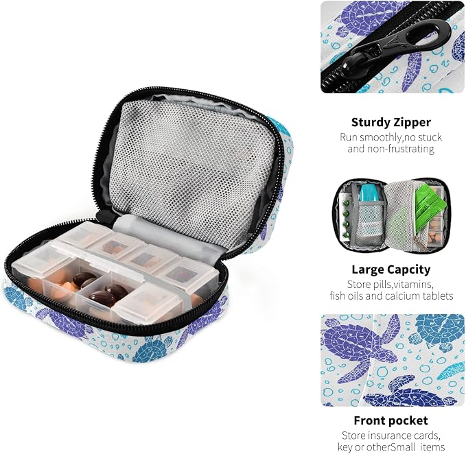 Naanle Vintage Sea Turtle Pill Box 7 Day Pill Case Travel Pill Organizer Bag with Zipper Portable Weekly Case Compact Size for Supplement Vitamin Holder