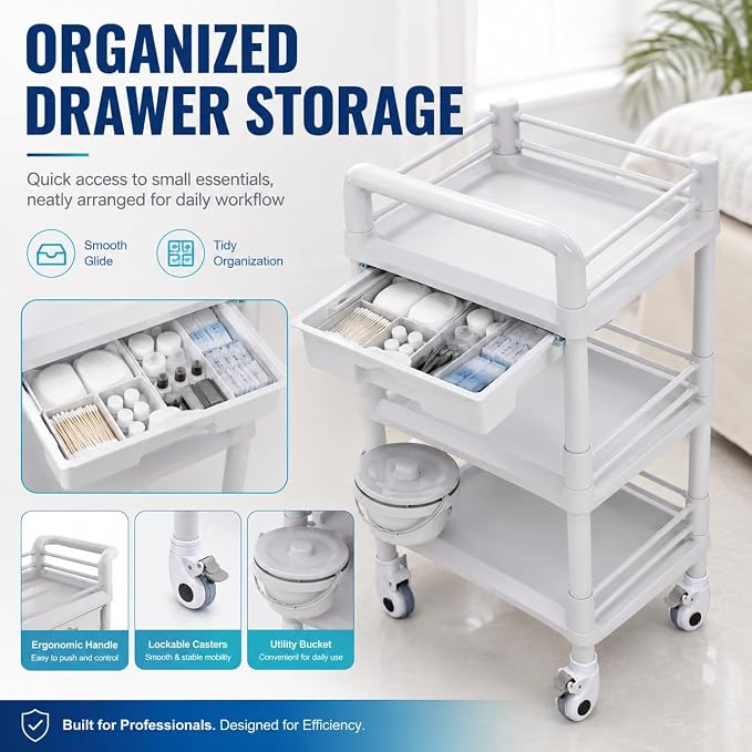 Rolling Utility Cart,Qiwey Utility Cart with Big Drawer,3-Tier Esthetician Cart with Wheels for Beauty Salon SPA Commercial Hospital Office Lab Cart White