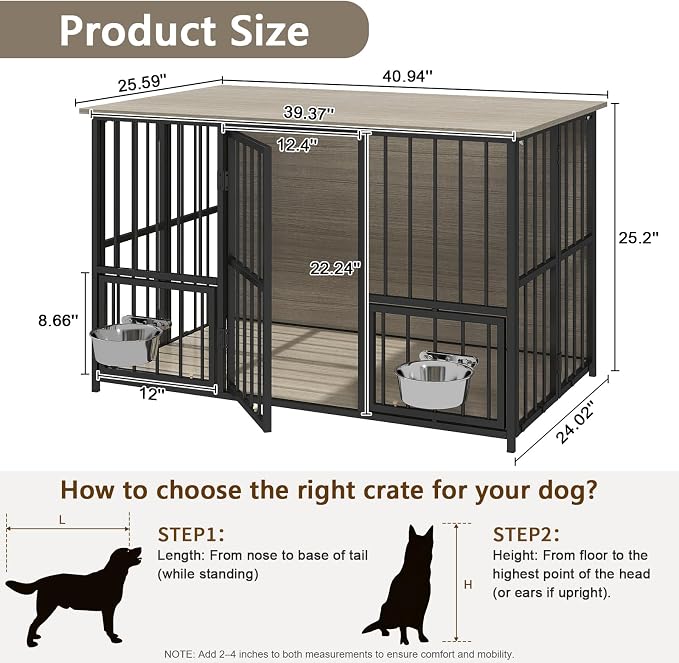 Hadulcet 41'' Foldable Dog Crate Furniture, Large Dog Kennel with 2 Bowls | Wooden Crate Table with Storage Top, Furniture Style Indoor Kennel for Small to Large Dogs with Rotating Food Door, Gray