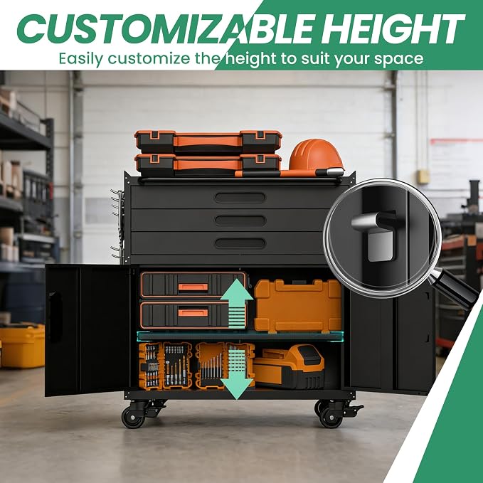 Garage Storage Cabinet, Metal Rolling Tool Cabinet with 2 Pegboard and 10 Hook, Heavy Duty Mechanics Tool Chest Storage for Workshop, Basement, Warehouse, Include Workbench Liner, Black