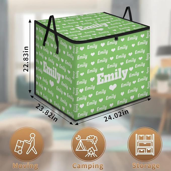 Custom Extra Large Storage Baskets Named with Lid, Personalized Storage Bins Basket Boxes Handles for Clothes Blanket Bedroom Closet Organizing Toys Shelves, Light Green Background Love Hearts