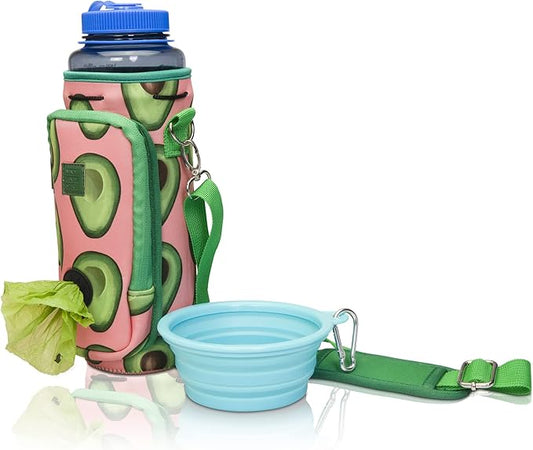 Made Easy Kit Water Bottle Carrier with Pocket for Dog Poop Waste Bags and Adjustable Padded Shoulder Strap (Tall & Large (40oz) with Bowl, Green/Pink, Avocado)