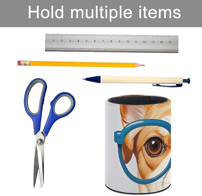 Pet Dog Soft Bow Tie, Oversized Glasses Pen Holder for Office, Circular PU Leather Pencil Cup for Home, Makeup Brush Storage Organizer, Pencil Case, Multifunctional Pen Box for Desktop