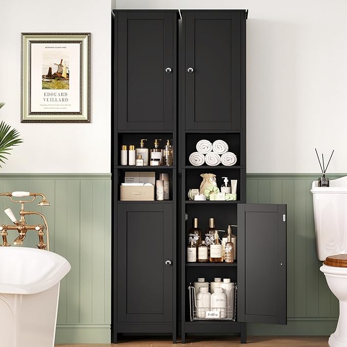 TEENFON 67" Tall Bathroom Cabinet with Adjustable Shelves and Doors | Narrow Bathroom Storage Cabinet for Small Space, Living Room, Entryway, Kitchen, Black