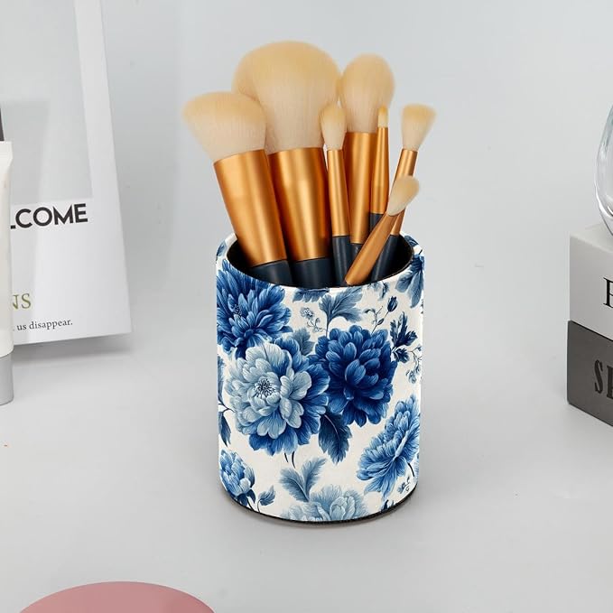 Faux Leather Pen Holder for Desk, Pencil Organizer Blue Flowers Pen Cup Desk Decor Makeup Brush Holder Storage for Office Home