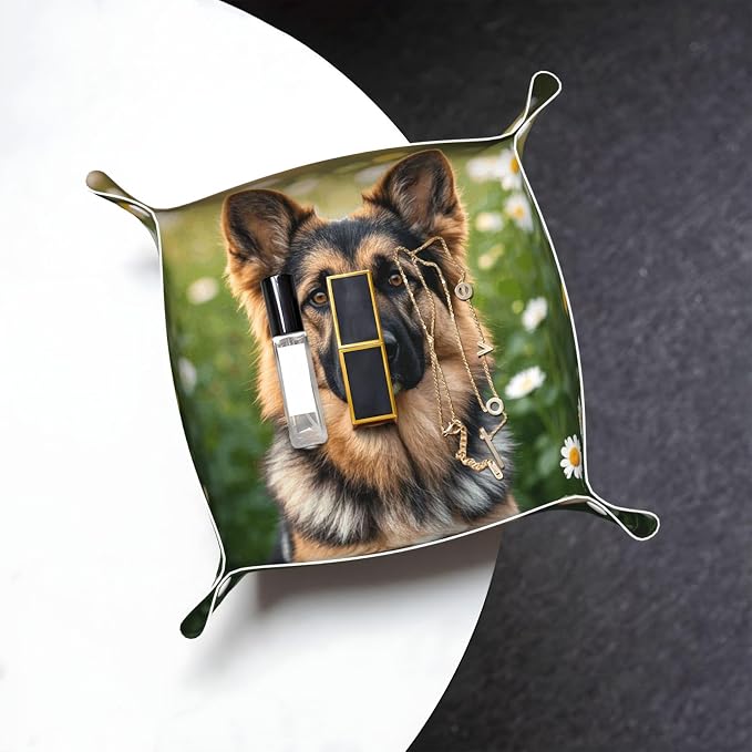 LeatherJewelry Valet Tray for Women Men, Portable Travel Catchall Tray Organizer Dish Plate Cute Pet German Shepherd Dog Bedside Vanity Tray Nightstand Caddy Holder for Wallet, Key, Coin