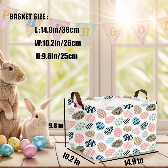 Large Cute Easter Basket for Kid Empty Gift Baby Rectangle Storage Bin Bunny Eggs Boy＆Girl Room Décor (Retro Art Easter Egg)