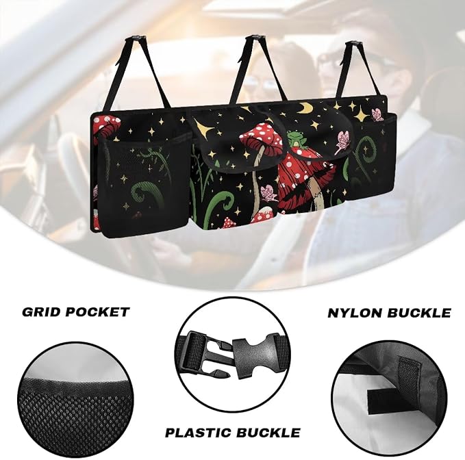 Dreaweet Mushroom Trunk Organizer for Car Women Cute Car Storage Accessories Interior Portable Collapsible Trunk Organizer for SUV Sedan Back Seat Hanging Organizer with 4 Pockets 3 Adjustable Straps