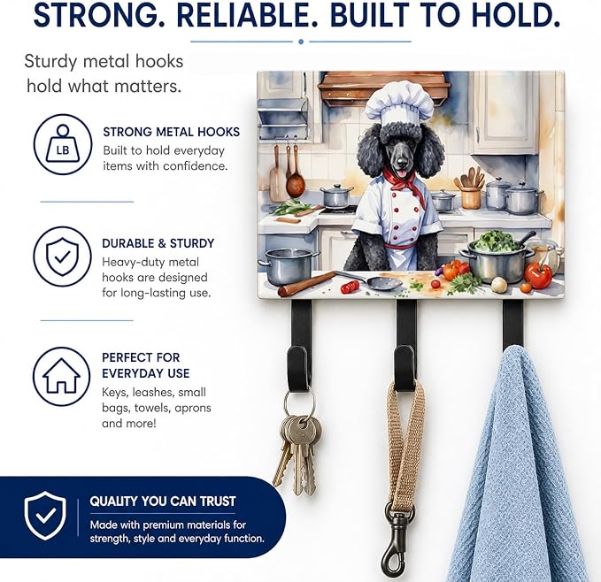 Caroline's Treasures Black Poodle The Chef Leash or Key Holder Wall Hooks, Key Hooks Holder, Coat Rack Wall Mount, Coat Hooks, Hooks for Hanging Keys, Towels, Aprons, Leashes | Black Poodle The Chef artwork on ceramic tile with three steel hooks for ke...