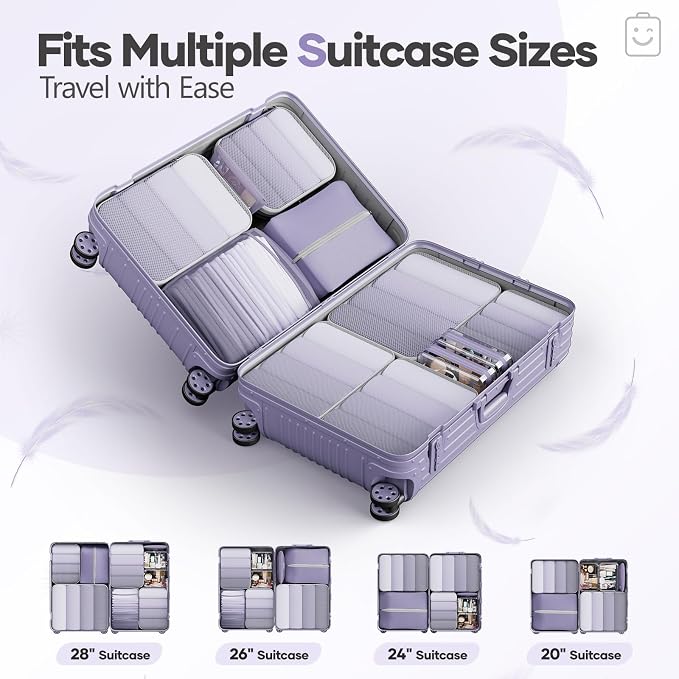 Veken 11 Set Compression Packing Cubes Garment Bags for Travel Essentials,Compressible Expandable Luggage Organizer Bags for Clothing,Space Saver Bags with Over 1000 pcs of Mesh Holes(Purple Gray)