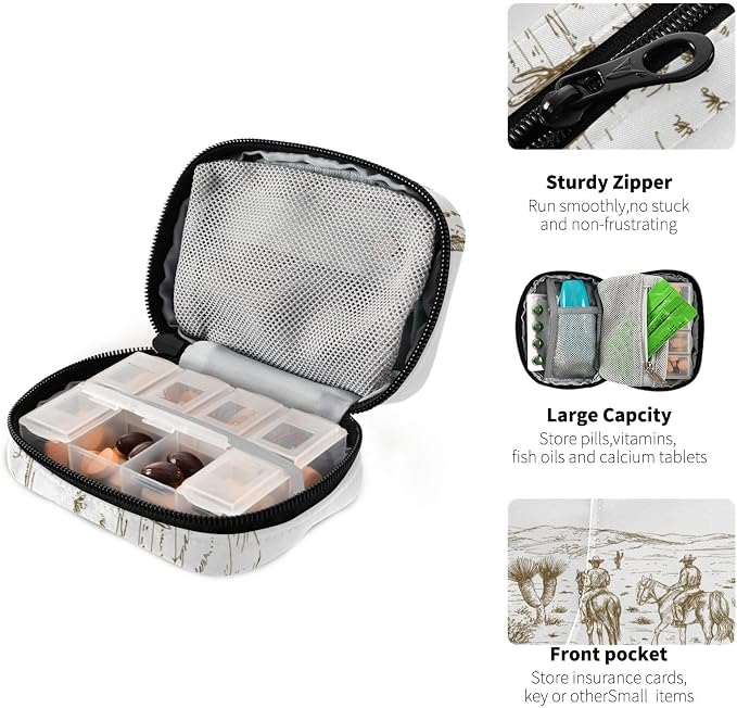 Ollabaky American Wild West Desert Cowboys Cactus Pill Organizer Travel Pill Cases Bag Portable Pill Container 7 Days Pill Box Organizer Vitamin Supplement Holder with Zipper for Family