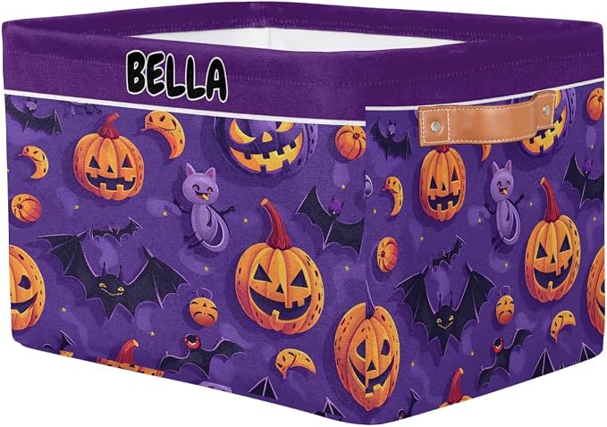 Custom Name Storage Bin, Personalized Rectangular Storage Basket with Handles for Organizing Girls Toys Office Closet Shelf Baskets Halloween Pumpkin Bat Cat Stars Purple