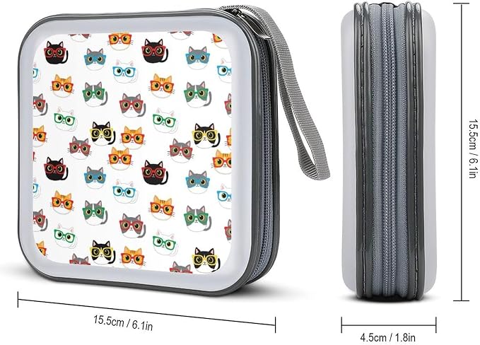 Portable CD Holder Case with Strap Cute Cats Animals Pet Cat Lovers Kawaii, 40-Capacity Hard Plastic Storage Binder, Protective Wallet for Car Office Travel