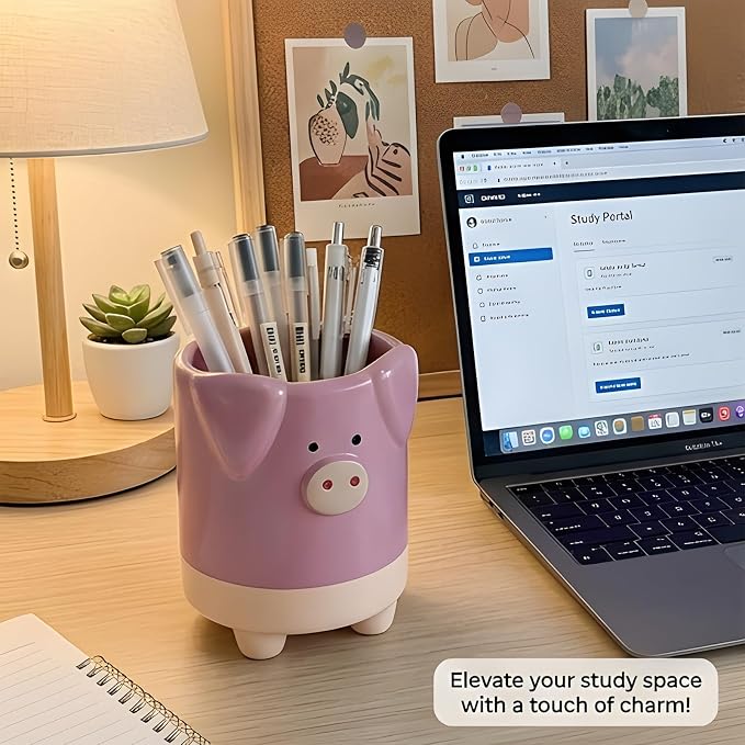 Ceramic Pink Pig Shaped Pen Pencil Holder for Desk Decoration Accessories Pig Decor Makeup Brush Pen Cups Succulent Plant Pot Office School Ideal Gifts for Women, Mom or Birthdays