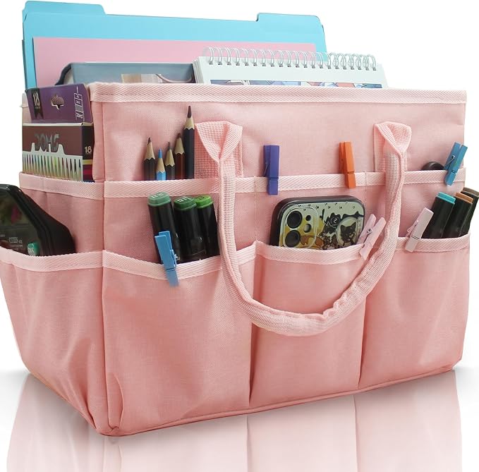 Cupohus Craft Organizer Bag, Pink Art Supply Tote with Multiple Pockets | Portable Storage Tote for Scrapbooking, Journal, Sewing, Oxford Fabric Carrying Caddy for Teacher, Officer, Artist