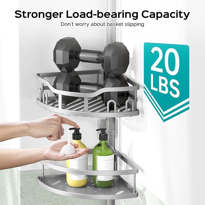 HAMITOR Corner Shower Caddy Tension Pole: Rustproof 4-Tier Bathroom Organizer Shelves for Bathtub Shampoo Storage - 47-121 Inch Quick Install Adjustable Rod Standing Rack with Soap Rack - Silver Gray | Rustproof Organizer 4-Tier Shelves , 47-121 In Rod...
