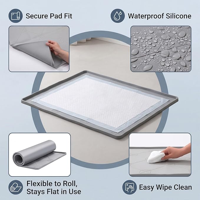 ondware Dog Pee Pad Holder, Silicone Potty Tray for Dogs, 28 x 22 in, Gray | Thick silicone, raised leakproof edge, fits most standard pee pads, easy-clean waterproof mat, roll-up portable design
