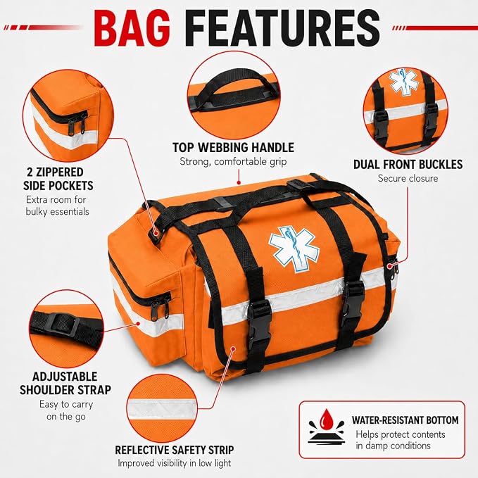 NOVAMEDIC NM-RO63P Professional First Responder Bag, 17” x 9” x 7” Empty EMT Trauma Kit Carrier with Removable Dividers, Reflective Strips, Water-Resistant Base for Emergency Medical Supplies (Orange)