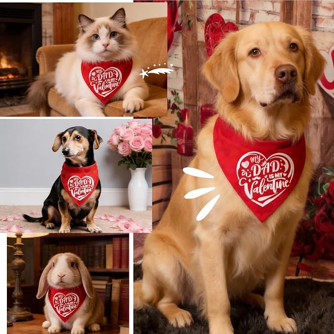 Holiday Dog Bandanas Reversible Dad-Pup Bandana 2-in-1 Heart Print & My Dad is My Valentine Text, Valentine’s Day Costume Pet Scarf for Large & Extra Large Breeds 75lbs+