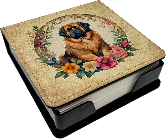 Caroline's Treasures Tibetan Mastiff and Flowers PU Leather Note Paper Holder with Artist-Designed Cover, Desk Accessory, Office Gift