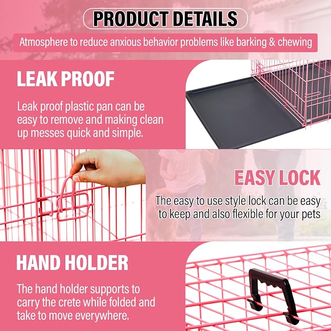 Dog Crate Dog Cage Dog Kennel Outdoor Metal Wire Double-Door Folding Pet Animal Pet Cage for Small Dog 24 inches with Plastic Tray and Handle,Pink