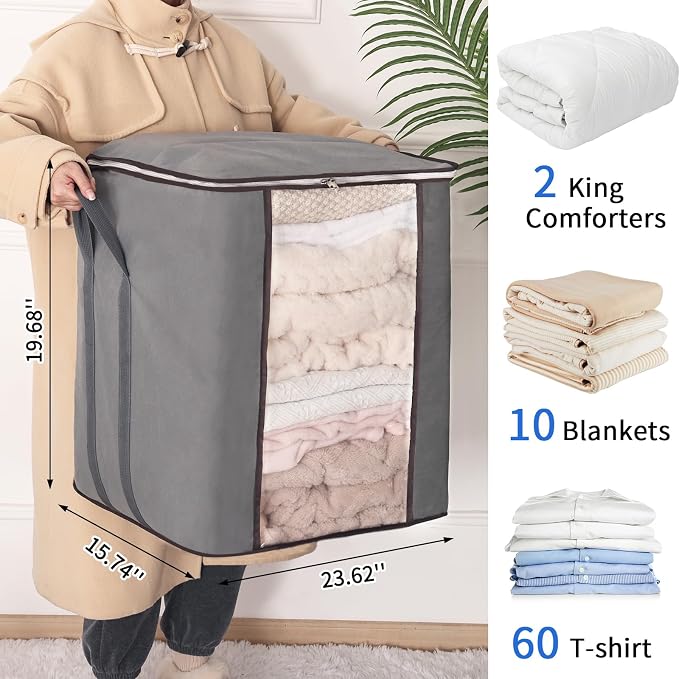 Blanket Storage Bags 120L for Comforter Clothes Bedding Sheet 4 Pack Grey | Thick Fabric, Reinforced Handles, Foldable Design, for Blankets Comforters Clothes Pillows Quilts and Bedding