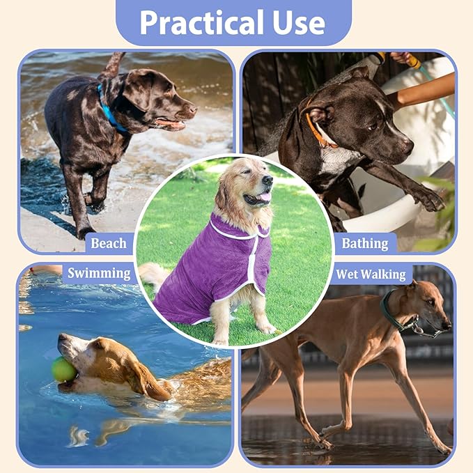 Dog Bathrobe Towel Dog Drying Coat - Super Absorbent Towels Bath Robe for Dogs Large, Soft Adjustable Collar & Belly Strap Fast Drying Coat Pet Cat Bath Robe (Violet, Small)