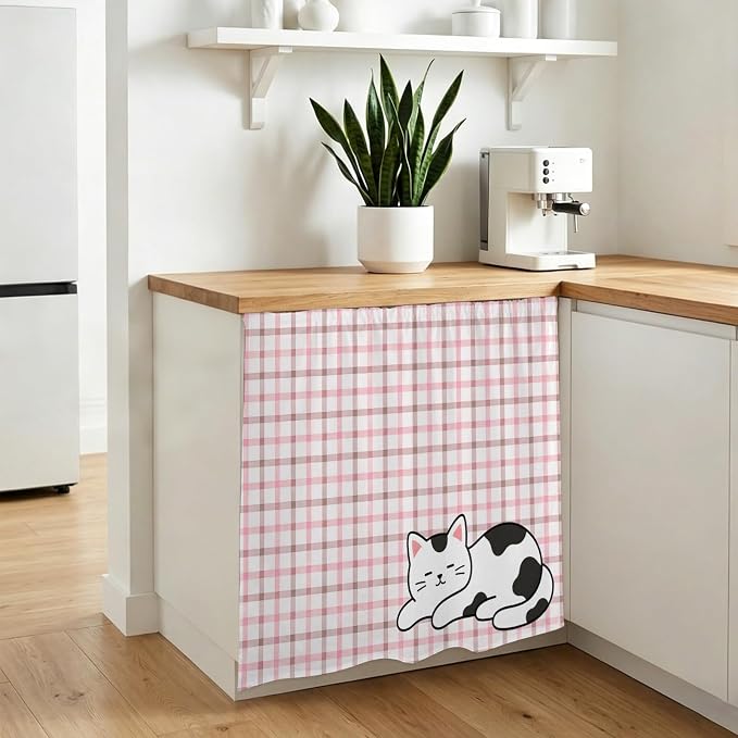 Cute Cat Cabinet Dishwasher Hidden Curtains, Privacy Closet Door Curtain, Pink Brown Checked Modern Pet Cats Rustic Adhesive Dust Proof Under Sink Skirt for Bathroom Kitchen 35"x35"