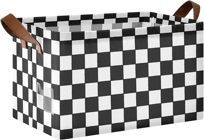 Black and White Checkered PlaidStorage Bins for Shelves with Labels&Handles Fabric Organizer Bin Foldable Rectangle Storage Basket Boxes for Closet, Bathroom, Home, Living Room