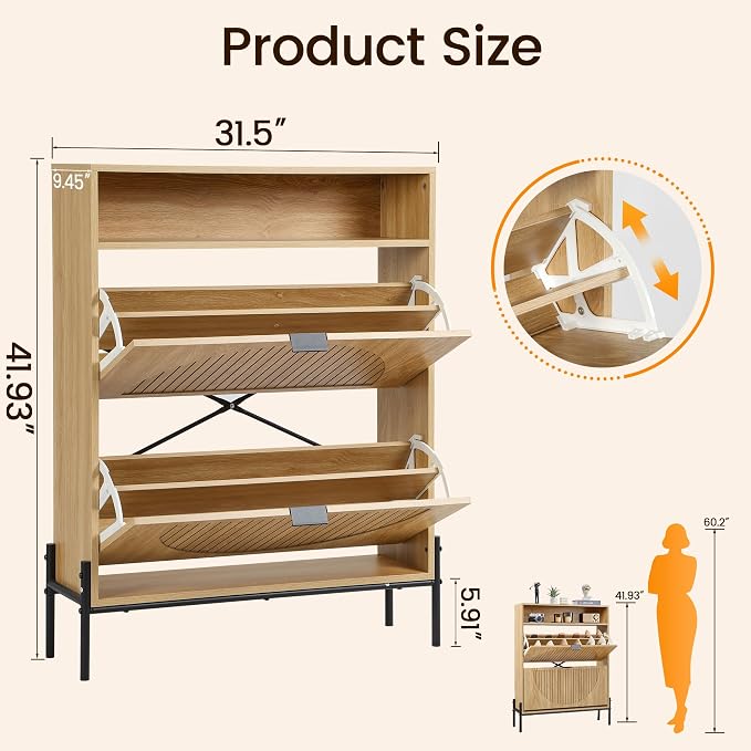 FurSch Fluted Shoe Cabinet with 2 Flip Drawers | Slim, Freestanding, Hidden Organizer, Narrow Storage Rack, for Entryway