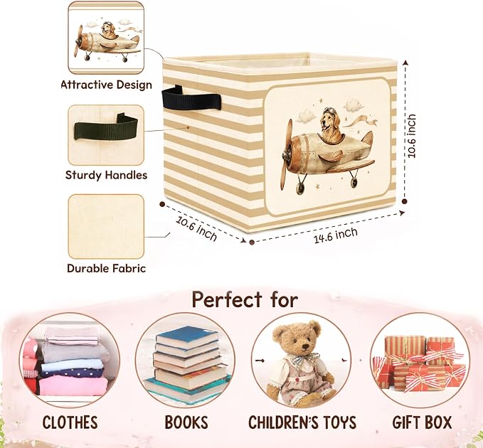 Golden Retriever Airplane Storage Bin, Foldable Organizer Basket | Golden retriever airplane storage bin with vintage plane artwork, striped border, foldable fabric and handles.