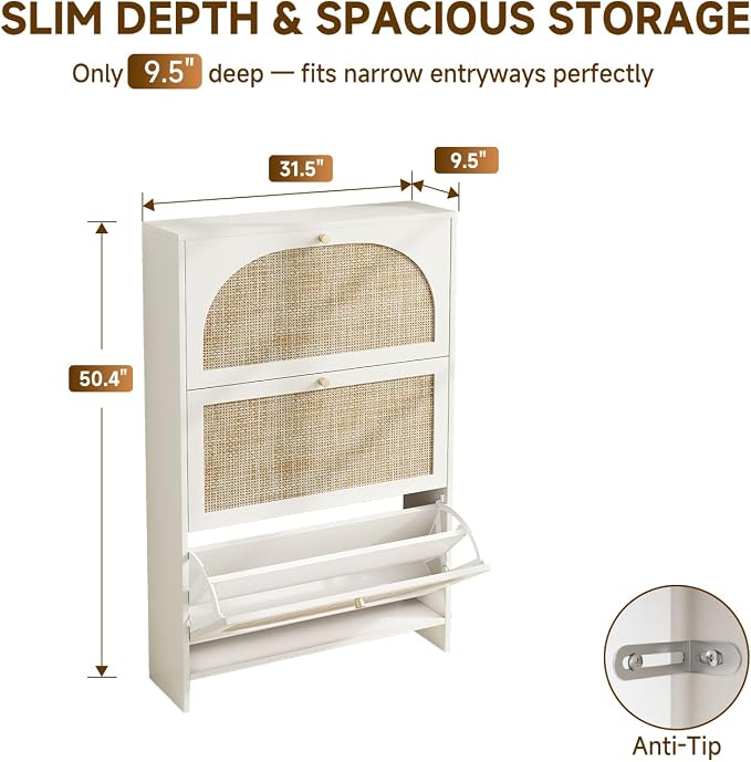 Shoe Cabinet Storage for Entryway Slim 9.5" Freestanding Floor Base Shoe Storage Cabinet, 3 Flip Drawers with 3-Position Adjustable Divider, Holds 16-36Pairs, Bright White