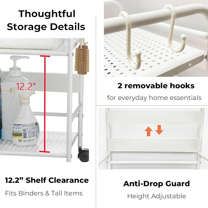 2-Tier Metal Rolling Cart, Compact Under Desk Storage Organizer | 12.2" clearance fits binders and tall bottles, compact mobile shelf with anti-drop guard for home & office. White.