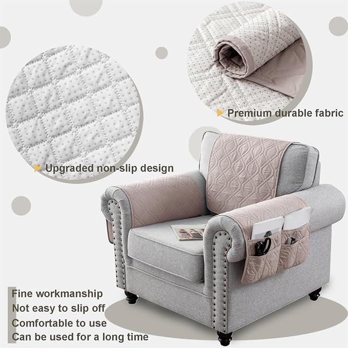 Waterproof Armrest Chair Covers with 6 Side Pocket 1 2 3 Seater Anti-Slip Chair Headrest Cover Armchair Slipcover Washable Protector for Pets Leather Sofa Couch (Apricot,1 Seater 3PCS)