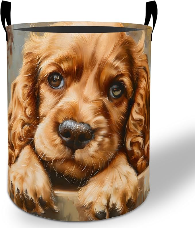 Puppy Dog Laundry Basket Hamper 19.7"x15.8", Cute Pet Animal Foldable Waterproof Oxford Clothes Storage Bucket for Room Bathroom Bedroom Nursery Decor, Toy Organizer Bins Gifts for Kids Boys Girls
