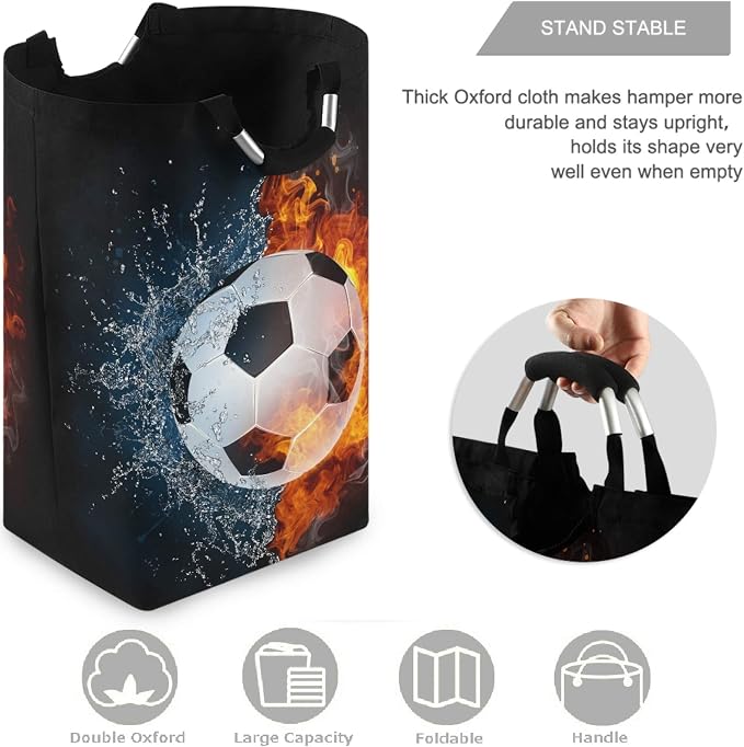 visesunny Large Capacity Laundry Hamper Basket Soccer Ball In Fire And Water Oxford Cloth Storage Baskets for Bedroom, Bathroom, Dorm, Kids Room
