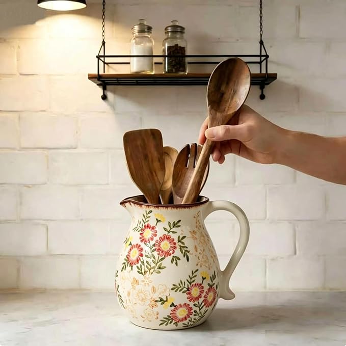 Farmhouse Ceramic Utensil Holder,6.1"Kitchen Counter Utensil Holder | Ceramic Utensil Organizer with Handle for Kitchen Countertop, Vintage Rustic Crock for Home Decor, Flower Pot, Spoon Tools