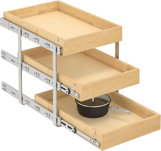 WelFurGeer 3-Tier Pull Out Cabinet Organizer with Soft Close, Heavy-Duty Pull Out Drawers for Cabinets, Slide Out Shelf for Kitchen, Pantry, Bathroom & Under Sink, Solid Birch Wood