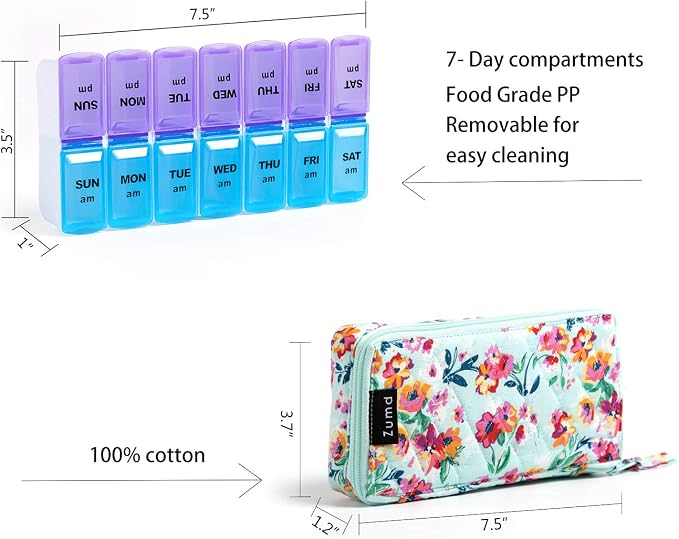 Weekly Pill Organizer 2 Times a Day, Zumd Pill Box 7 Day with Cute Quilted Fabric Zipper Case, Travel Pill Case Am Pm for Vitamin Medicine Organizer