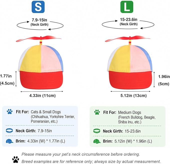 Pet Propeller Hat - Colorful Rainbow Helicopter Hat, Adjustable Cute Baseball Cap with Removable Propeller for Small Medium Dogs & Cats (Sizes S/L)