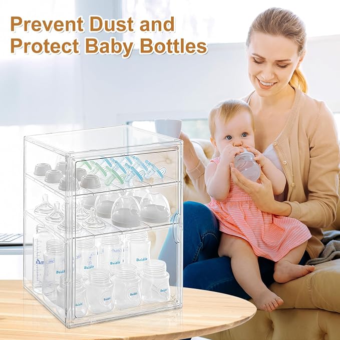 ERTIUANIO Baby Bottle Organizer – 3 Tier Acrylic Bottle Storage Organizer container, Clear Plastic Bottle Station Organizers Drawers for Countertop Kitchen Cabinet Vanity, Bathroom, Gifts for New Mom