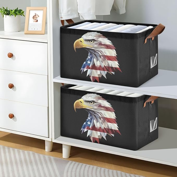 Eagle American Flag Patriotic Black Storage Basket Foldable Cube Storage Bins with Handles&Label Collapsible Organizer Box Bin Large Rectangle Decorative Baskets for Shelves Home Living Room Closet