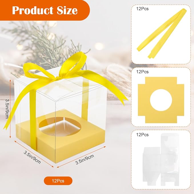 12 PCS Clear Cupcake Boxes 3.5 Inch Cupcake Containers (Yellow) | Disposable Cupcake Carrier Plastic Individual Cupcake Storage Holder with Ribbons and Inserts for Wedding, Birthday Party