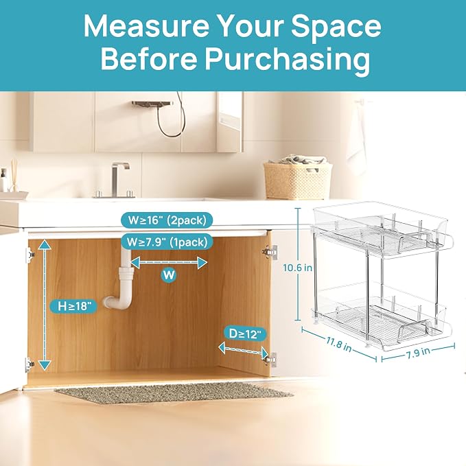 Vtopmart 8 Pack 2 Tier Bathroom Under Sink Organizers and Storage, Clear Kitchen Pantry Organization, Pull Out Medicine Cabinet Organizer with Movable Dividers