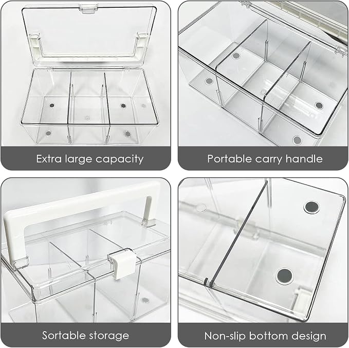 Adorila Clear Organizer Case with Handle, 3-Compartment PET Storage Box | Customizable Sections with 2 Removable Dividers, Top Folding Handle, Snap Lock Clasp