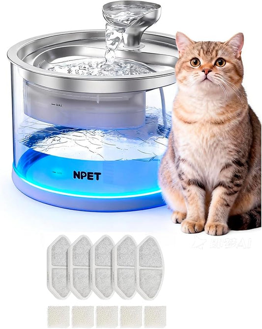 NPET N280 Cat Water Fountain Glass, 95oz/2.8L Automatic Pet Fountain Dog Stainless Steel Tray, Water Dispenser for Cats, Dogs, Multiple Pets (Water Fountain + 5 Filters)