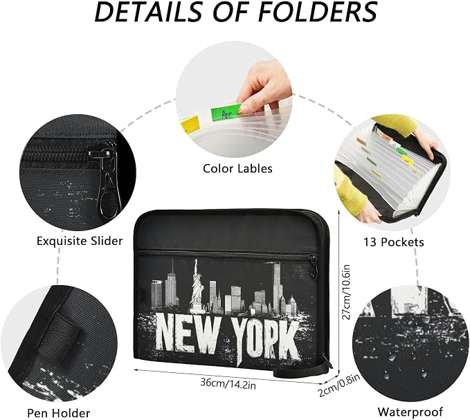 13 Pocket Zipper Expanding File Folder A4 New York City | Accordion File Organizer with Front Pouch A4 Letter Size Portable Folders for Documents Receipt School Office Supplies