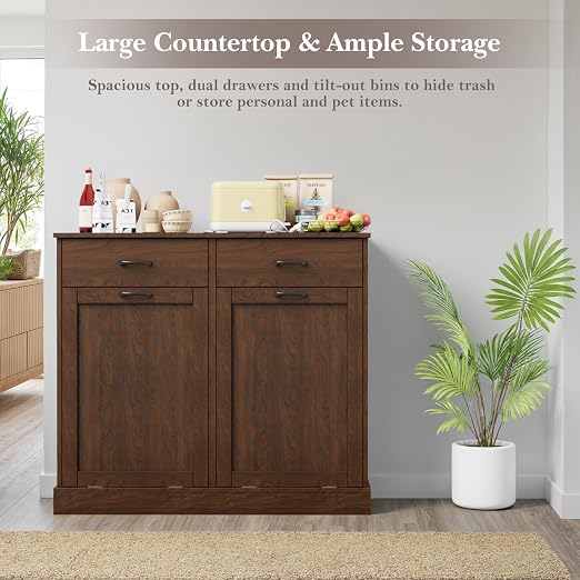 njnj 26 Gallons Double Tilt Out Trash Can Cabinet, 2x13 Gallons Hidden Kitchen Trash Cabinet with Storage Drawers, Pet Proof Hidden Garbage Can for Kitchen, Laundry Room, Bathroom Wood Brown