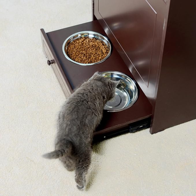 Pet Feeder Station, Dog Food Storage Cabinet with Stainless Steel Double Pull Out Raised Dog Bowls, Pet Food Toy Storage Container, Elevated Cat Bowls Feeding & Watering, Pet Toy Storage Organizer