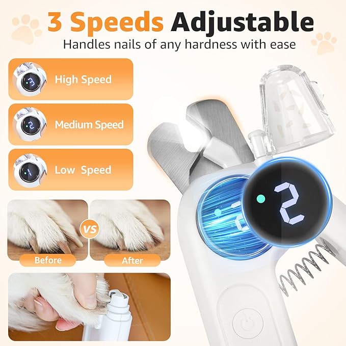 2-in-1 Dog and Cat Nail Grinder and Clipper - 3-Speed Adjustable Electric with Manual Head, Quiet Motor and LED Light for Safe Trimming, Professional Grooming Tool for All Pets